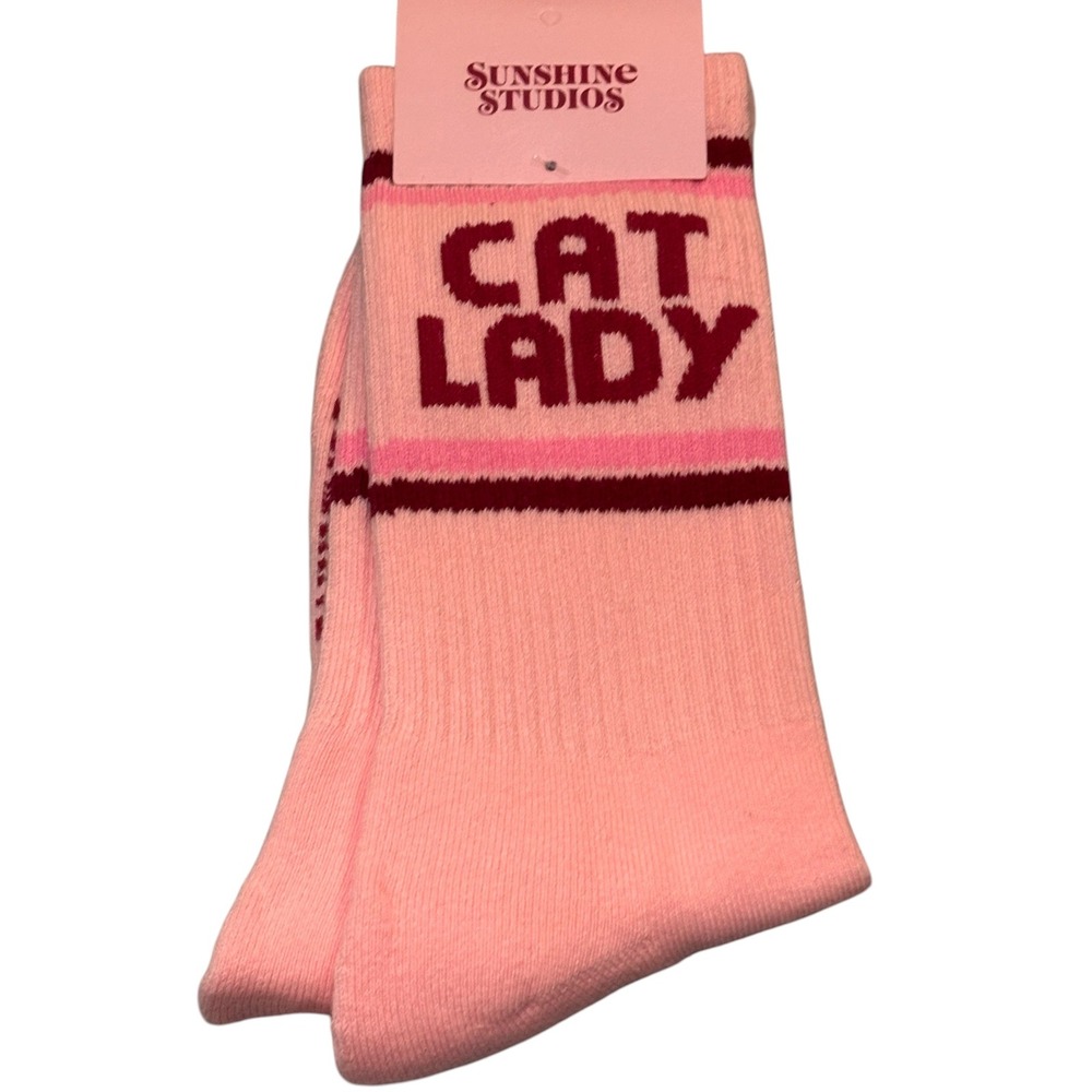 Sunshine Studios Cat Lady Pink Striped Crew Socks Womens 5-10 Mens 4-10 NEW